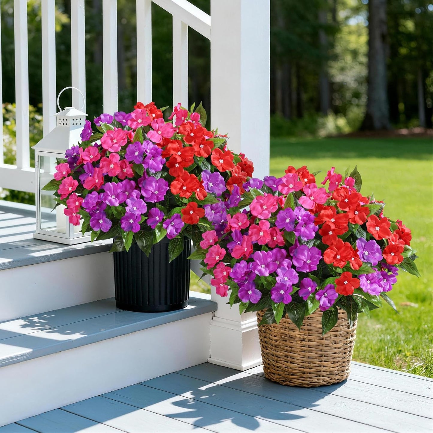Geraniums Artificial Flowers for Outdoors, 2 Pack Potted Plants White Faux Geraniums Bush Artificial Topiaries Realistic UV Resistant Fake Flowers Plants for Planters Outside Gardens Front Door Indoor