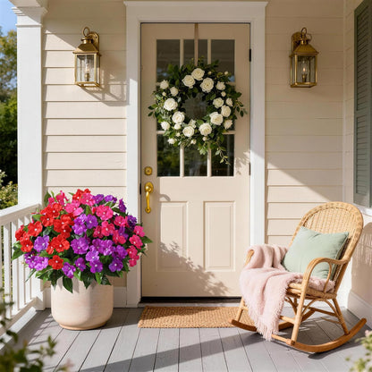 Geraniums Artificial Flowers for Outdoors, 2 Pack Potted Plants White Faux Geraniums Bush Artificial Topiaries Realistic UV Resistant Fake Flowers Plants for Planters Outside Gardens Front Door Indoor
