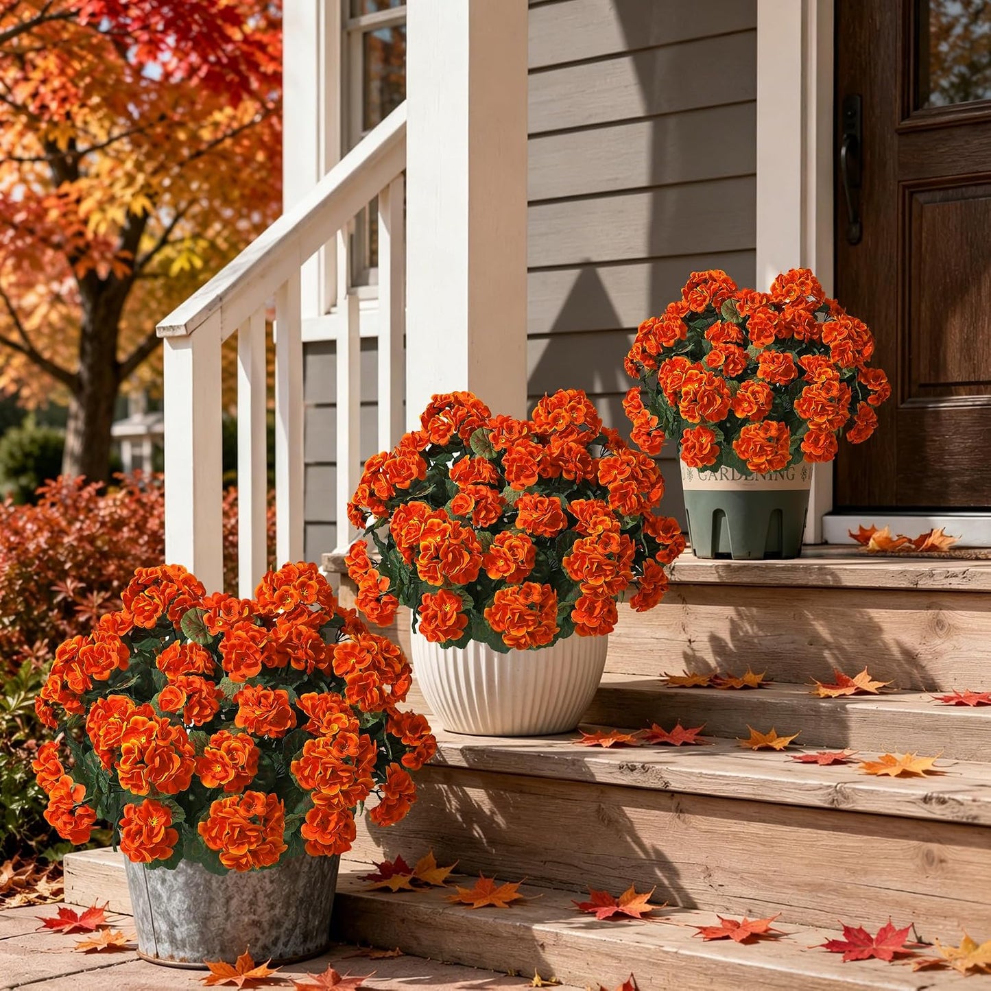 Geraniums Artificial Flowers for Outdoors, 2 Pack Potted Plants White Faux Geraniums Bush Artificial Topiaries Realistic UV Resistant Fake Flowers Plants for Planters Outside Gardens Front Door Indoor