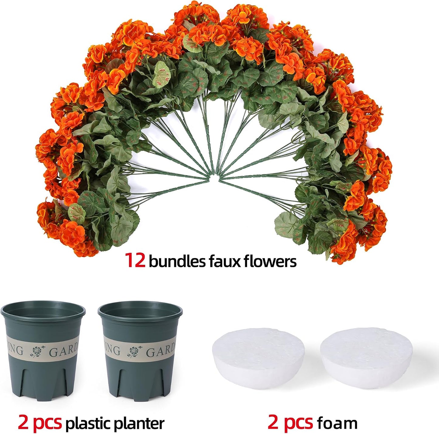 Geraniums Artificial Flowers for Outdoors, 2 Pack Potted Plants White Faux Geraniums Bush Artificial Topiaries Realistic UV Resistant Fake Flowers Plants for Planters Outside Gardens Front Door Indoor