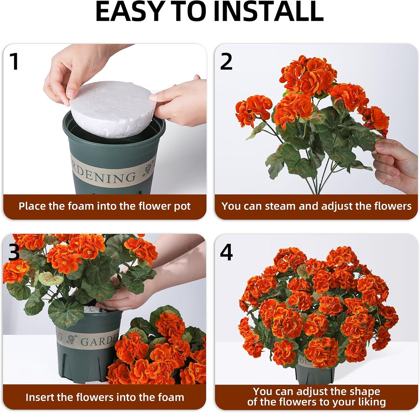 Geraniums Artificial Flowers for Outdoors, 2 Pack Potted Plants White Faux Geraniums Bush Artificial Topiaries Realistic UV Resistant Fake Flowers Plants for Planters Outside Gardens Front Door Indoor