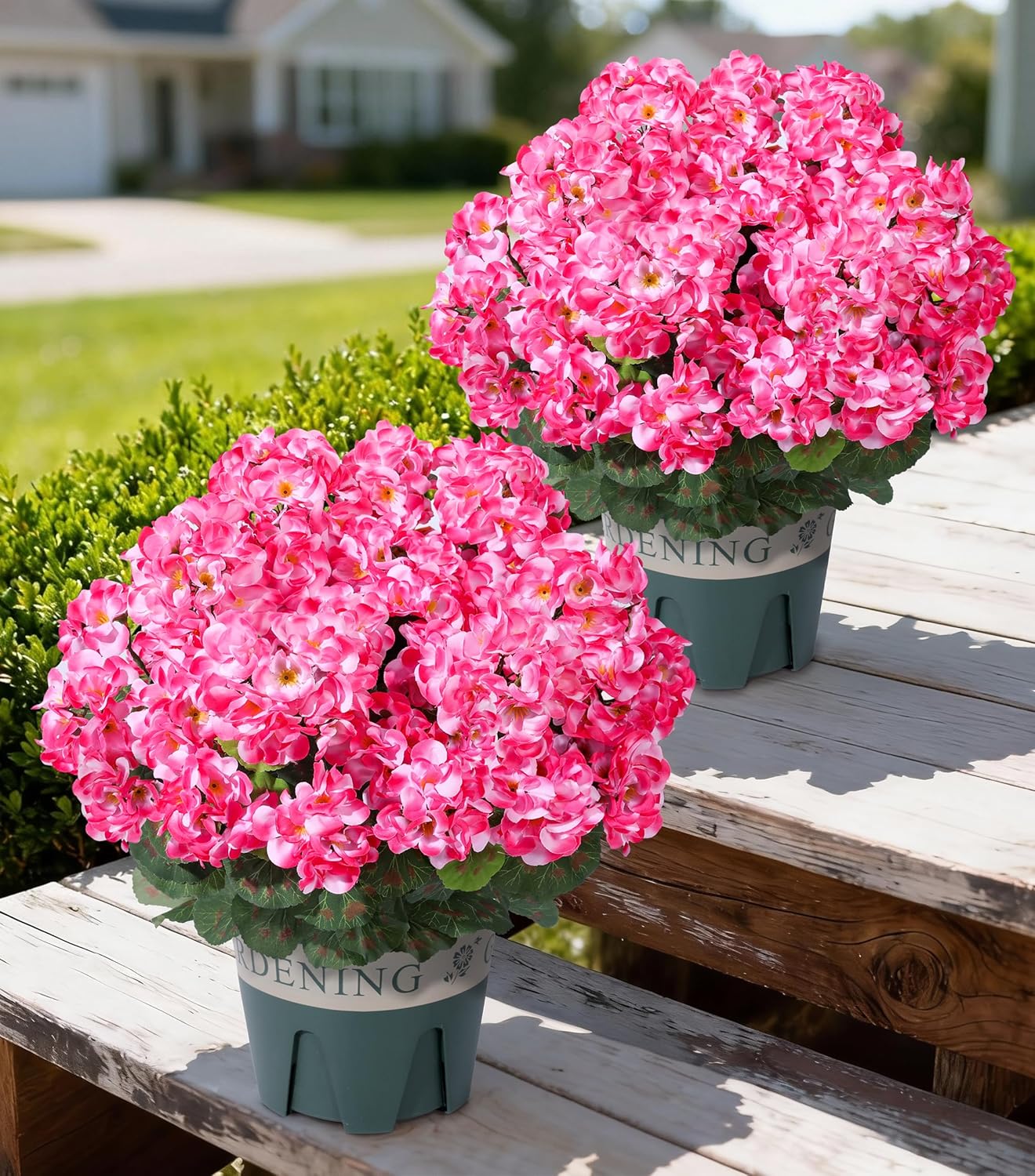 Geraniums Artificial Flowers for Outdoors, 2 Pack Potted Plants White Faux Geraniums Bush Artificial Topiaries Realistic UV Resistant Fake Flowers Plants for Planters Outside Gardens Front Door Indoor