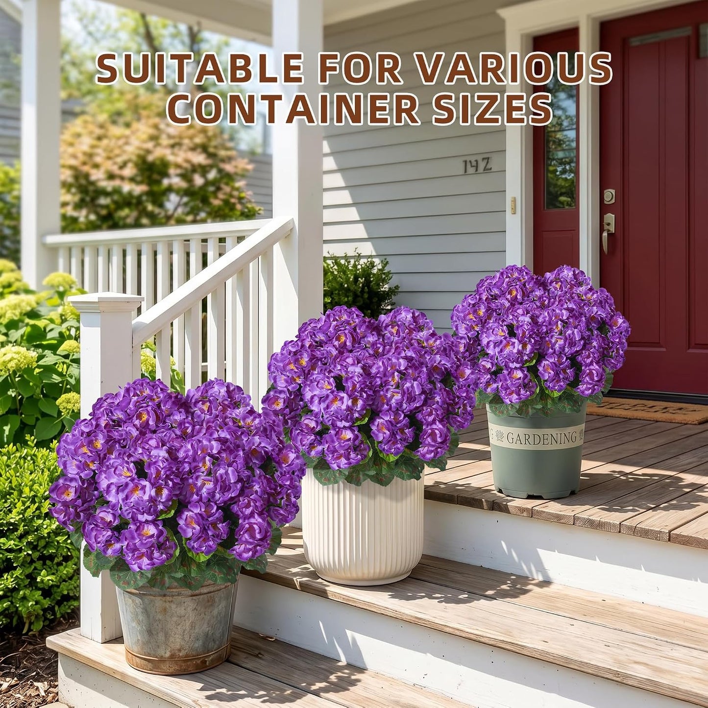 Geraniums Artificial Flowers for Outdoors, 2 Pack Potted Plants White Faux Geraniums Bush Artificial Topiaries Realistic UV Resistant Fake Flowers Plants for Planters Outside Gardens Front Door Indoor