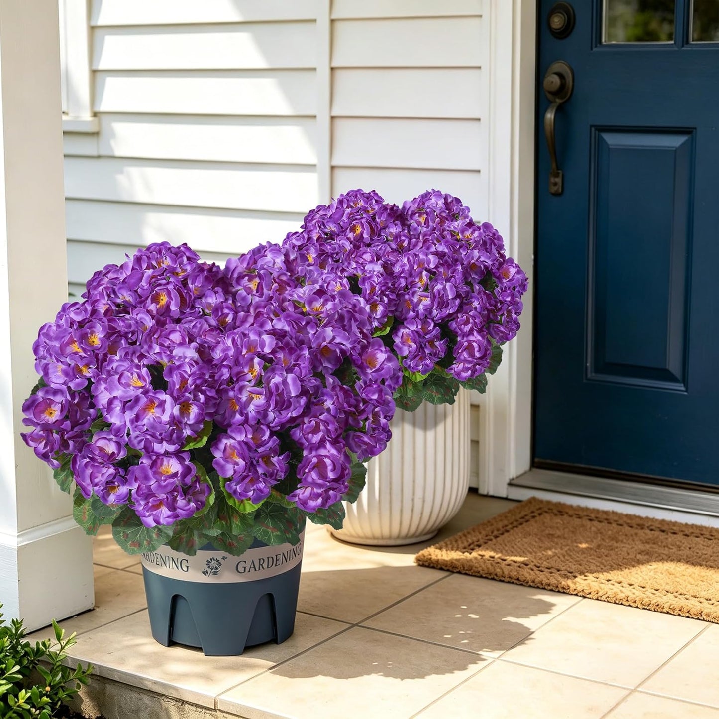 Geraniums Artificial Flowers for Outdoors, 2 Pack Potted Plants White Faux Geraniums Bush Artificial Topiaries Realistic UV Resistant Fake Flowers Plants for Planters Outside Gardens Front Door Indoor