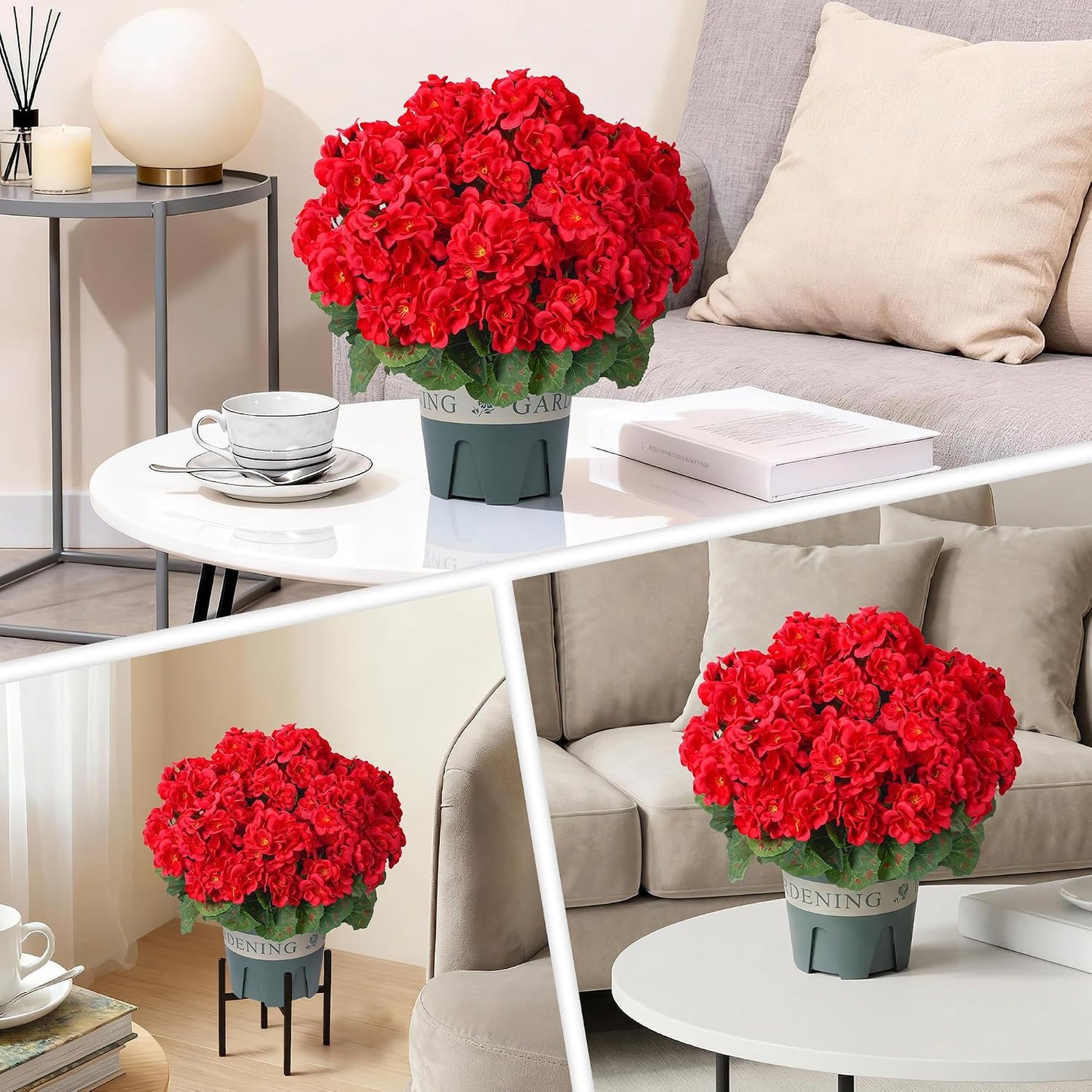 Geraniums Artificial Flowers for Outdoors, 2 Pack Potted Plants White Faux Geraniums Bush Artificial Topiaries Realistic UV Resistant Fake Flowers Plants for Planters Outside Gardens Front Door Indoor