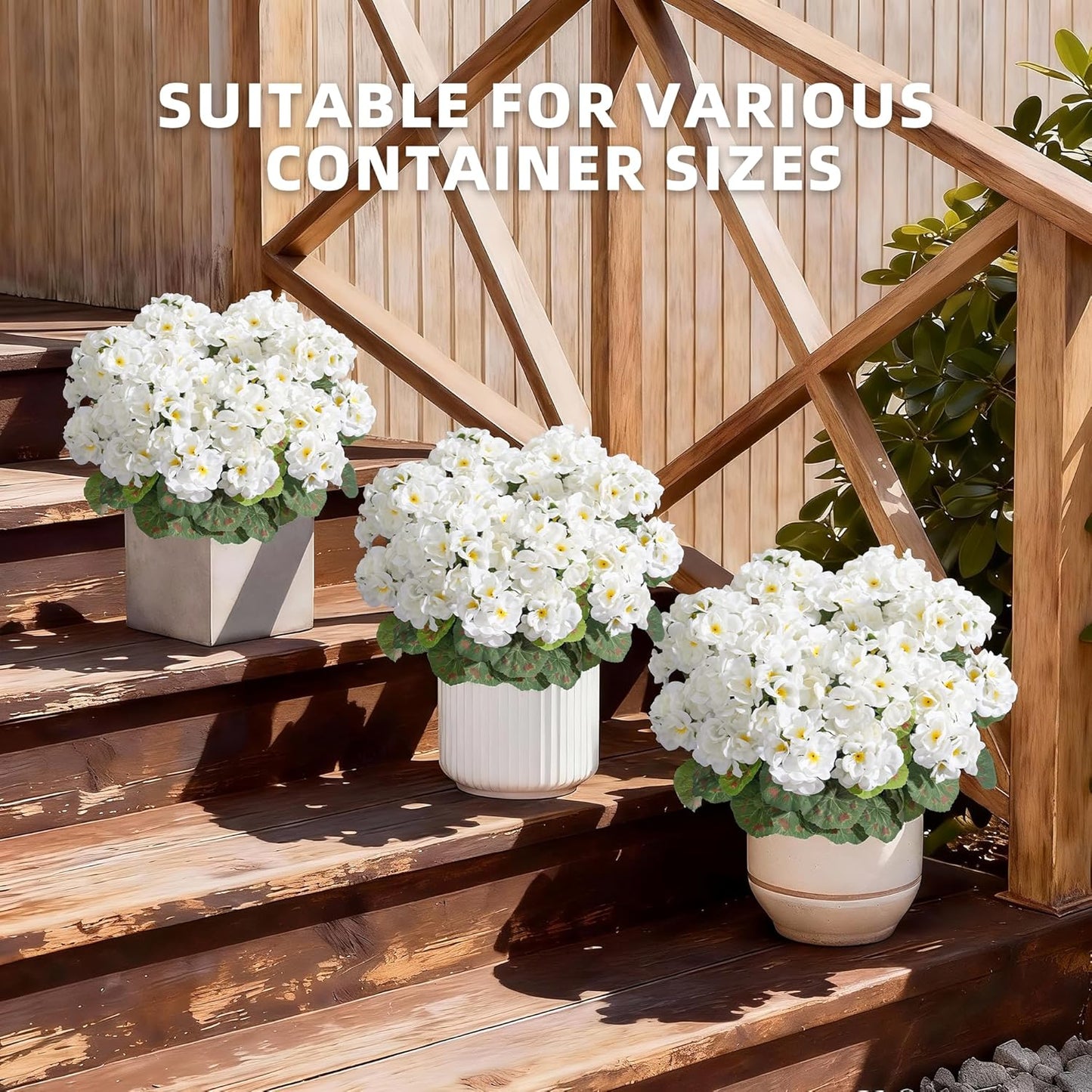 Geraniums Artificial Flowers for Outdoors, 2 Pack Potted Plants White Faux Geraniums Bush Artificial Topiaries Realistic UV Resistant Fake Flowers Plants for Planters Outside Gardens Front Door Indoor