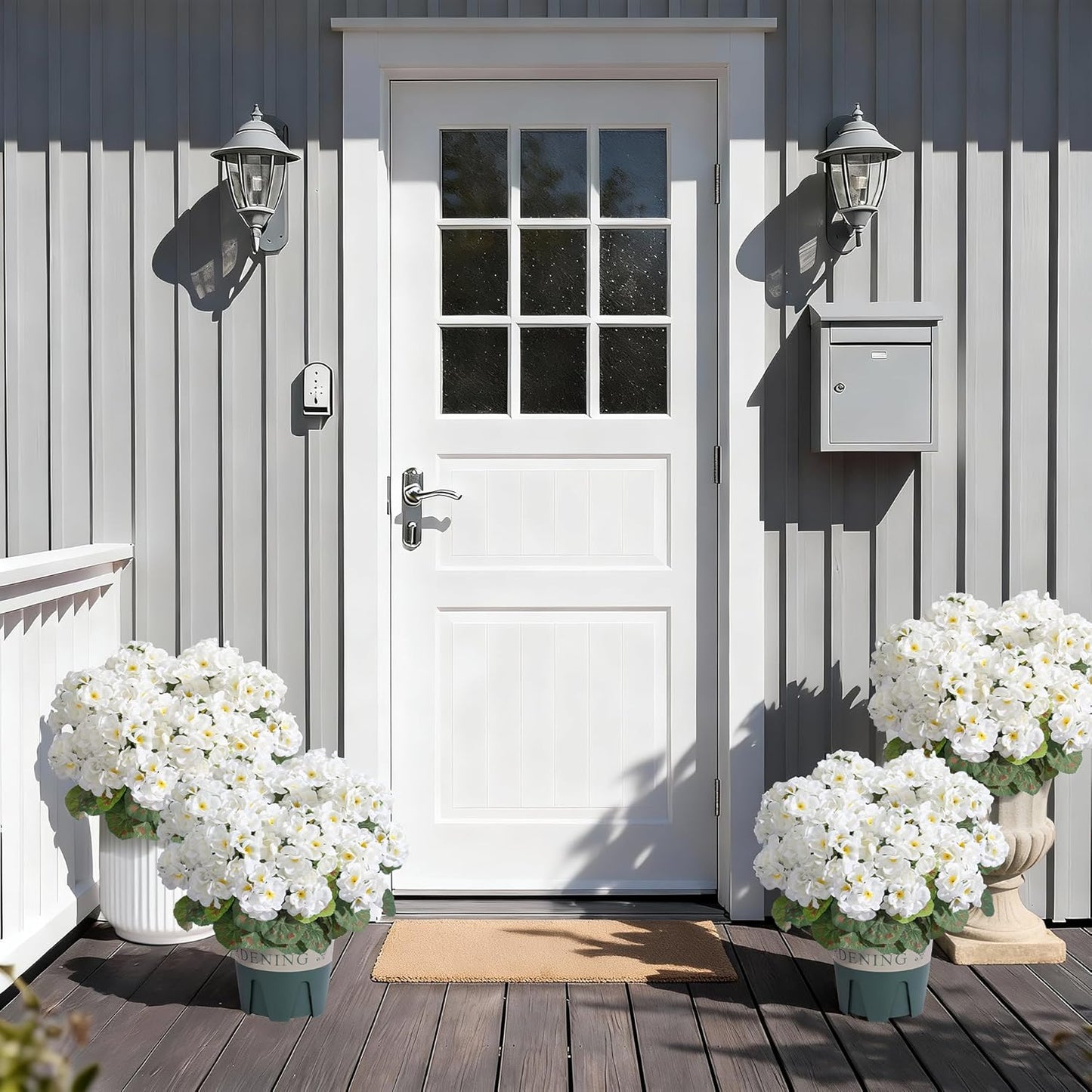 Geraniums Artificial Flowers for Outdoors, 2 Pack Potted Plants White Faux Geraniums Bush Artificial Topiaries Realistic UV Resistant Fake Flowers Plants for Planters Outside Gardens Front Door Indoor