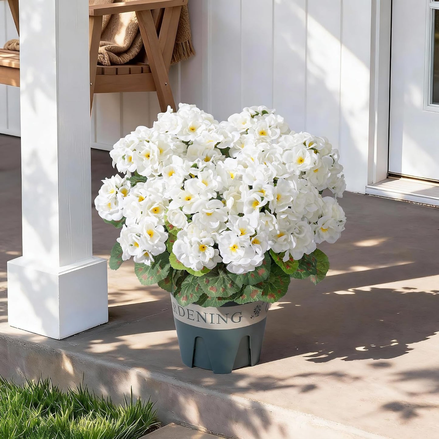 Geraniums Artificial Flowers for Outdoors, 2 Pack Potted Plants White Faux Geraniums Bush Artificial Topiaries Realistic UV Resistant Fake Flowers Plants for Planters Outside Gardens Front Door Indoor
