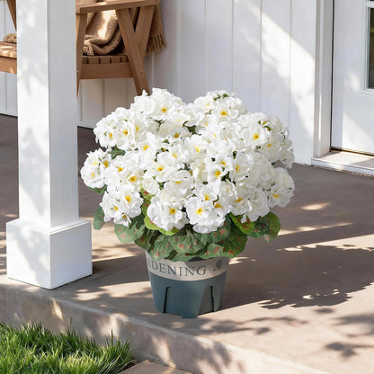 Geraniums Artificial Flowers for Outdoors, 2 Pack Potted Plants White Faux Geraniums Bush Artificial Topiaries Realistic UV Resistant Fake Flowers Plants for Planters Outside Gardens Front Door Indoor