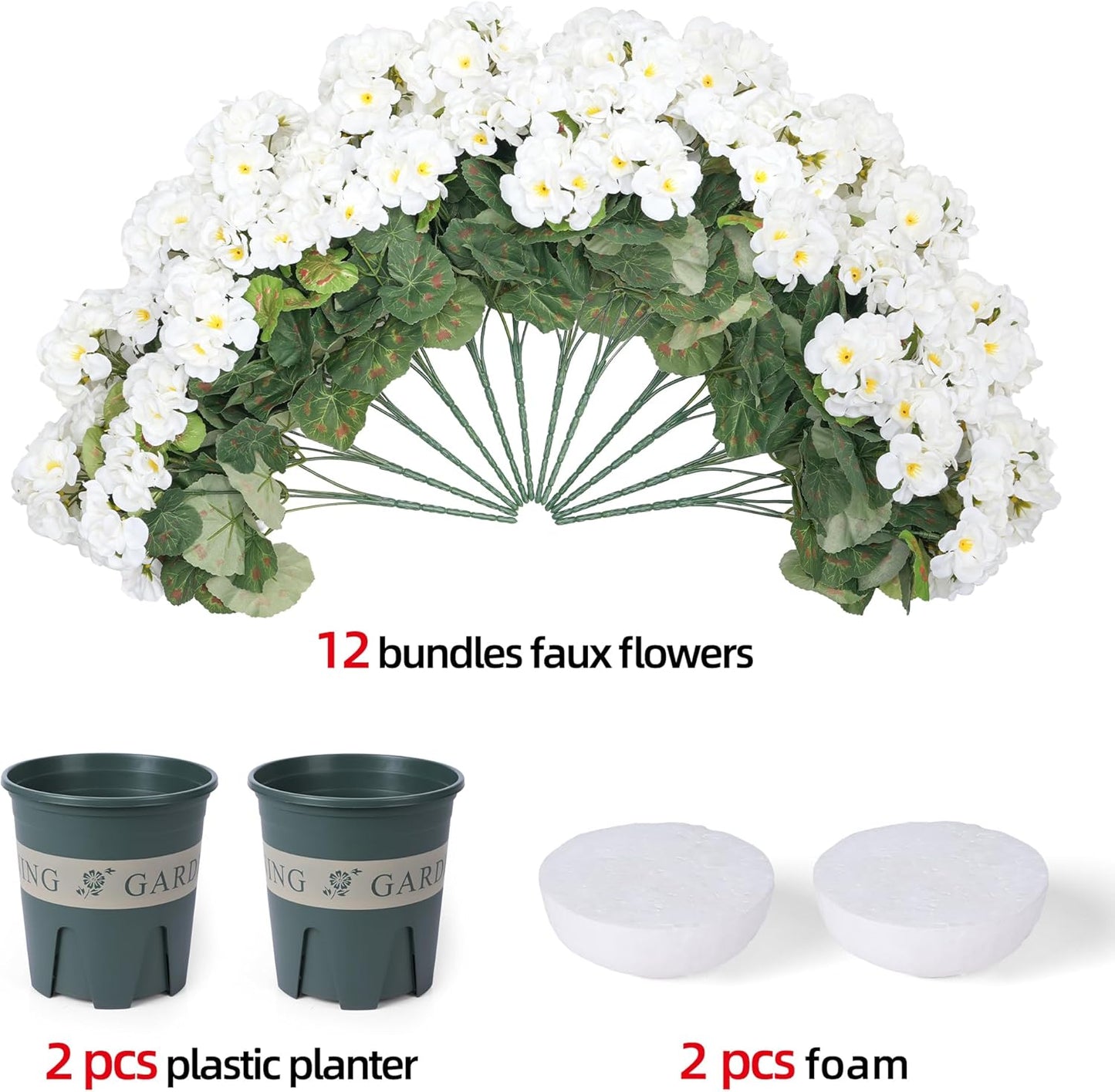 Geraniums Artificial Flowers for Outdoors, 2 Pack Potted Plants White Faux Geraniums Bush Artificial Topiaries Realistic UV Resistant Fake Flowers Plants for Planters Outside Gardens Front Door Indoor
