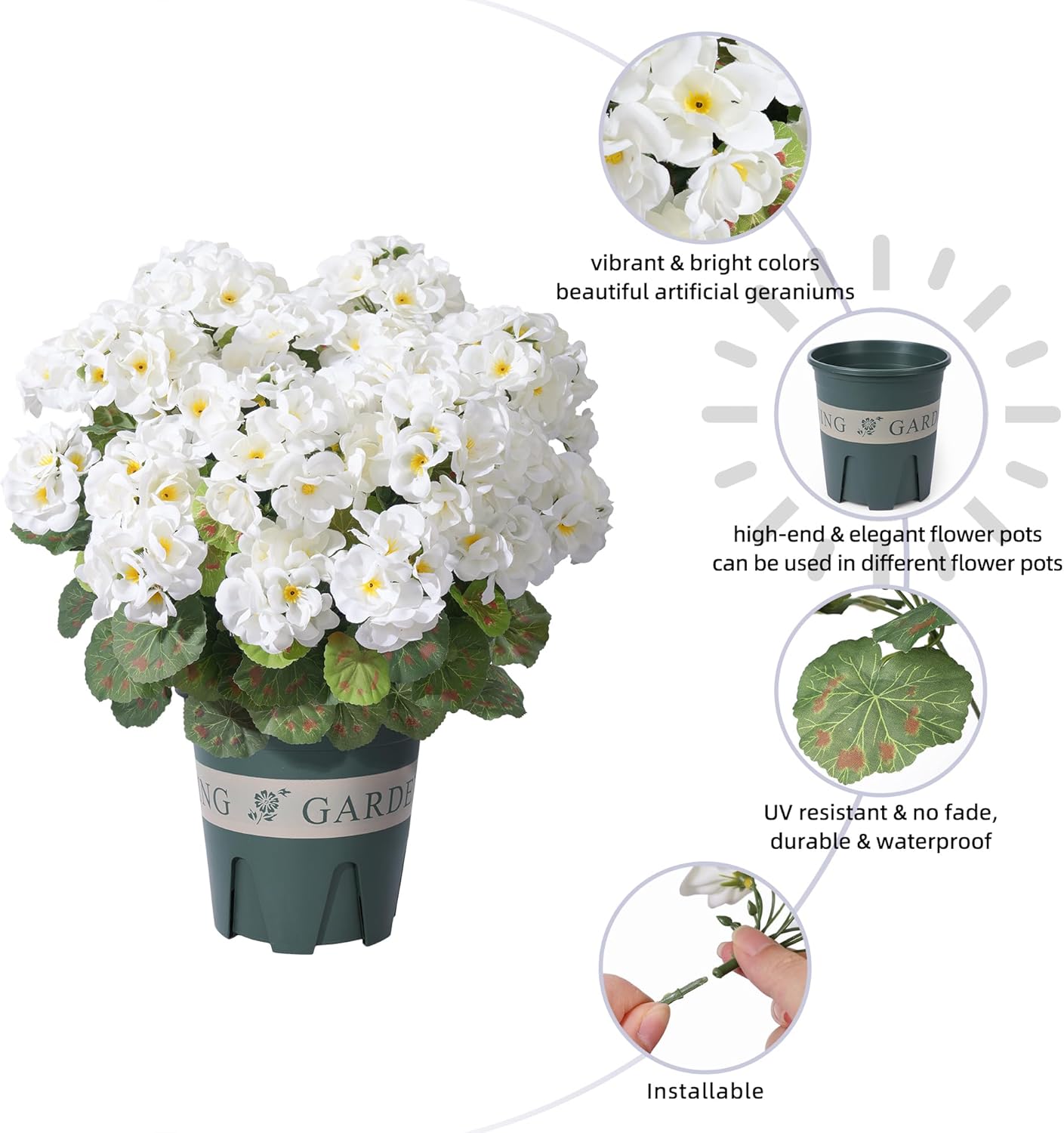 Geraniums Artificial Flowers for Outdoors, 2 Pack Potted Plants White Faux Geraniums Bush Artificial Topiaries Realistic UV Resistant Fake Flowers Plants for Planters Outside Gardens Front Door Indoor