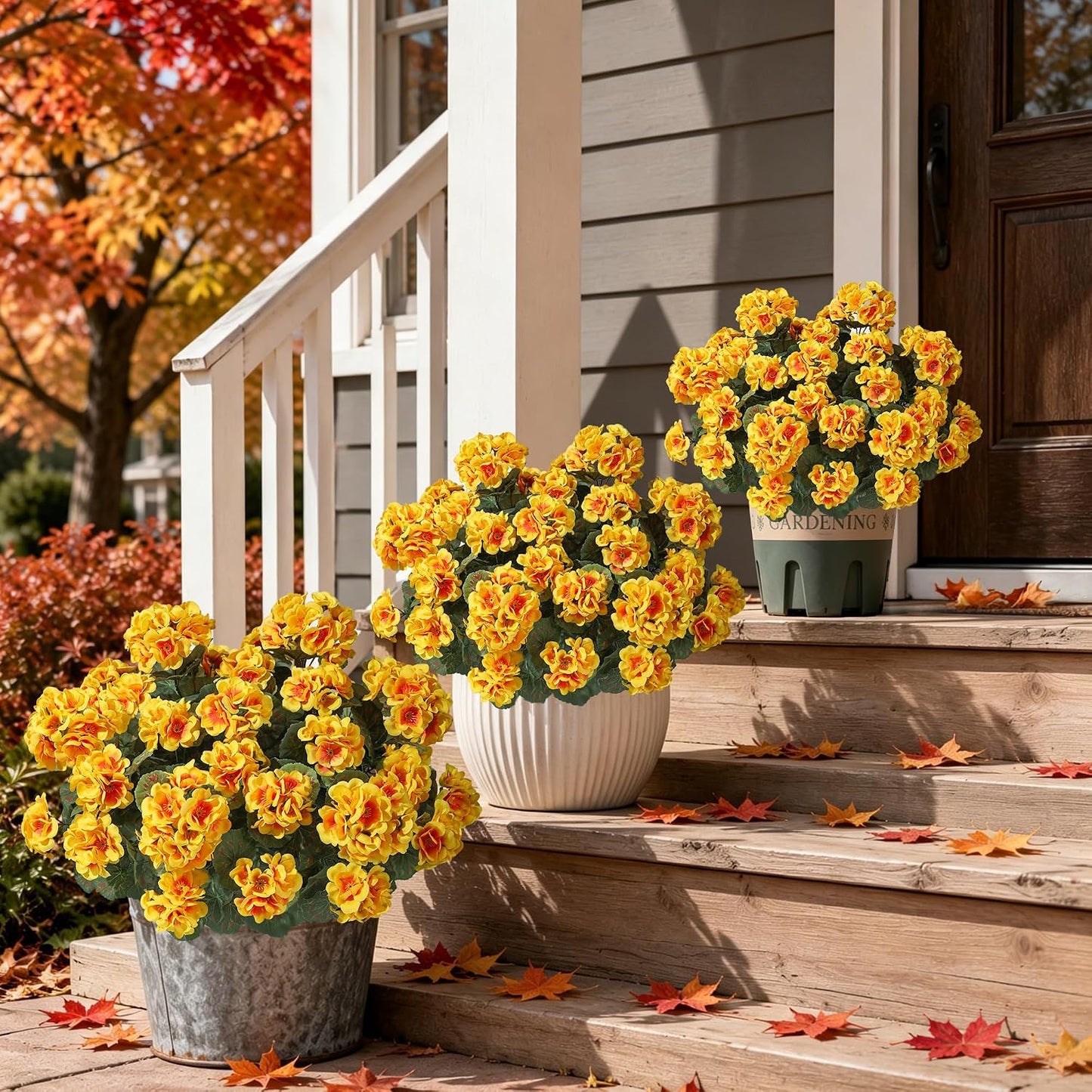 Geraniums Artificial Flowers for Outdoors, 2 Pack Potted Plants White Faux Geraniums Bush Artificial Topiaries Realistic UV Resistant Fake Flowers Plants for Planters Outside Gardens Front Door Indoor