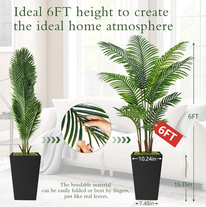 6FT Artificial Palm Tree, Tall Faux Palm Tree Indoor with Fake Plants Tall, Artificial Plants with Lifelike Leaves for Home Office Decor (White)
