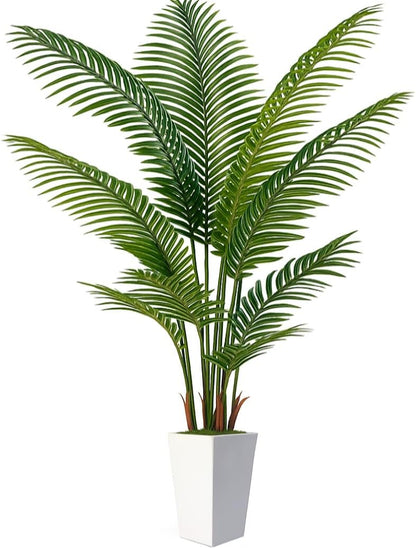 6FT Artificial Palm Tree, Tall Faux Palm Tree Indoor with Fake Plants Tall, Artificial Plants with Lifelike Leaves for Home Office Decor (White)