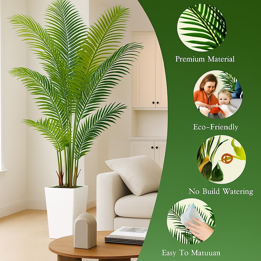 6FT Artificial Palm Tree, Tall Faux Palm Tree Indoor with Fake Plants Tall, Artificial Plants with Lifelike Leaves for Home Office Decor (White)