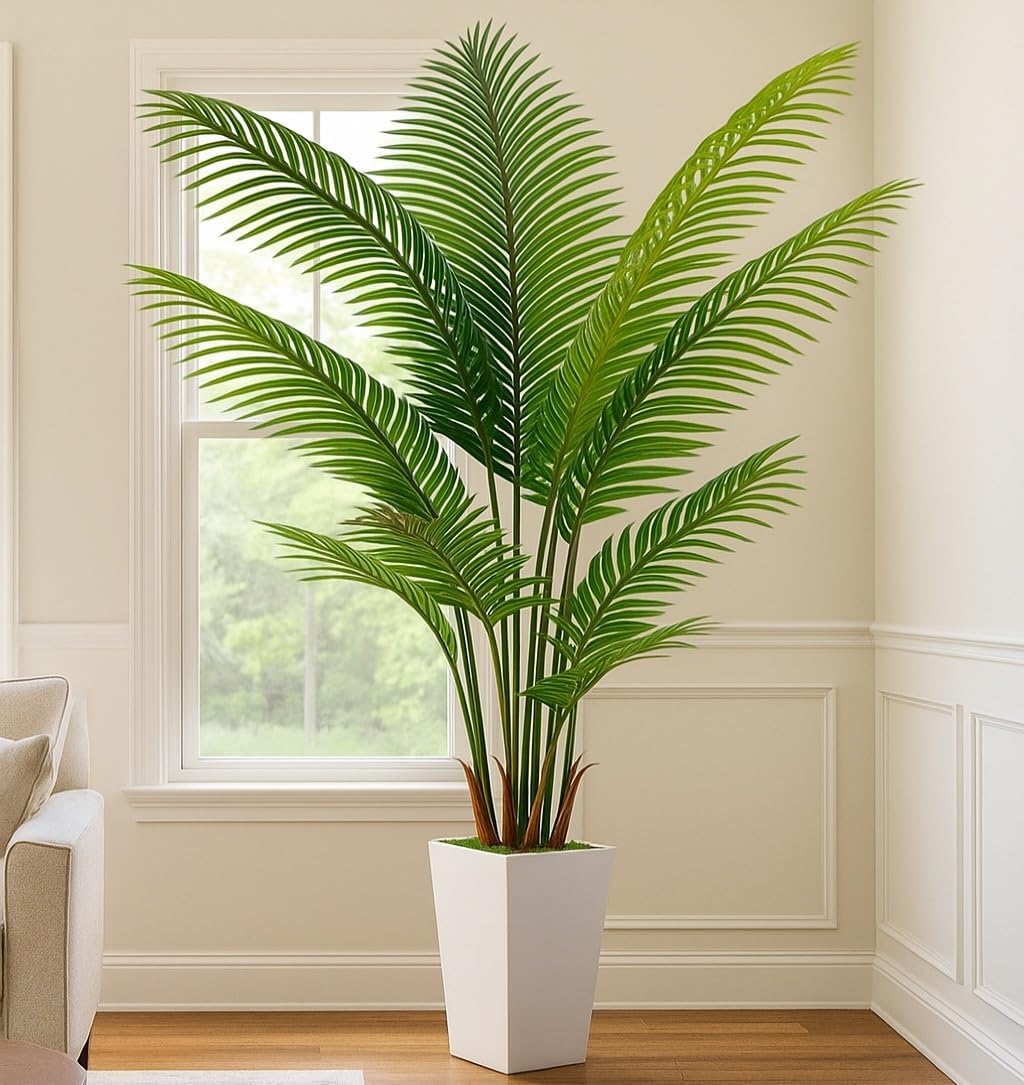 6FT Artificial Palm Tree, Tall Faux Palm Tree Indoor with Fake Plants Tall, Artificial Plants with Lifelike Leaves for Home Office Decor (White)