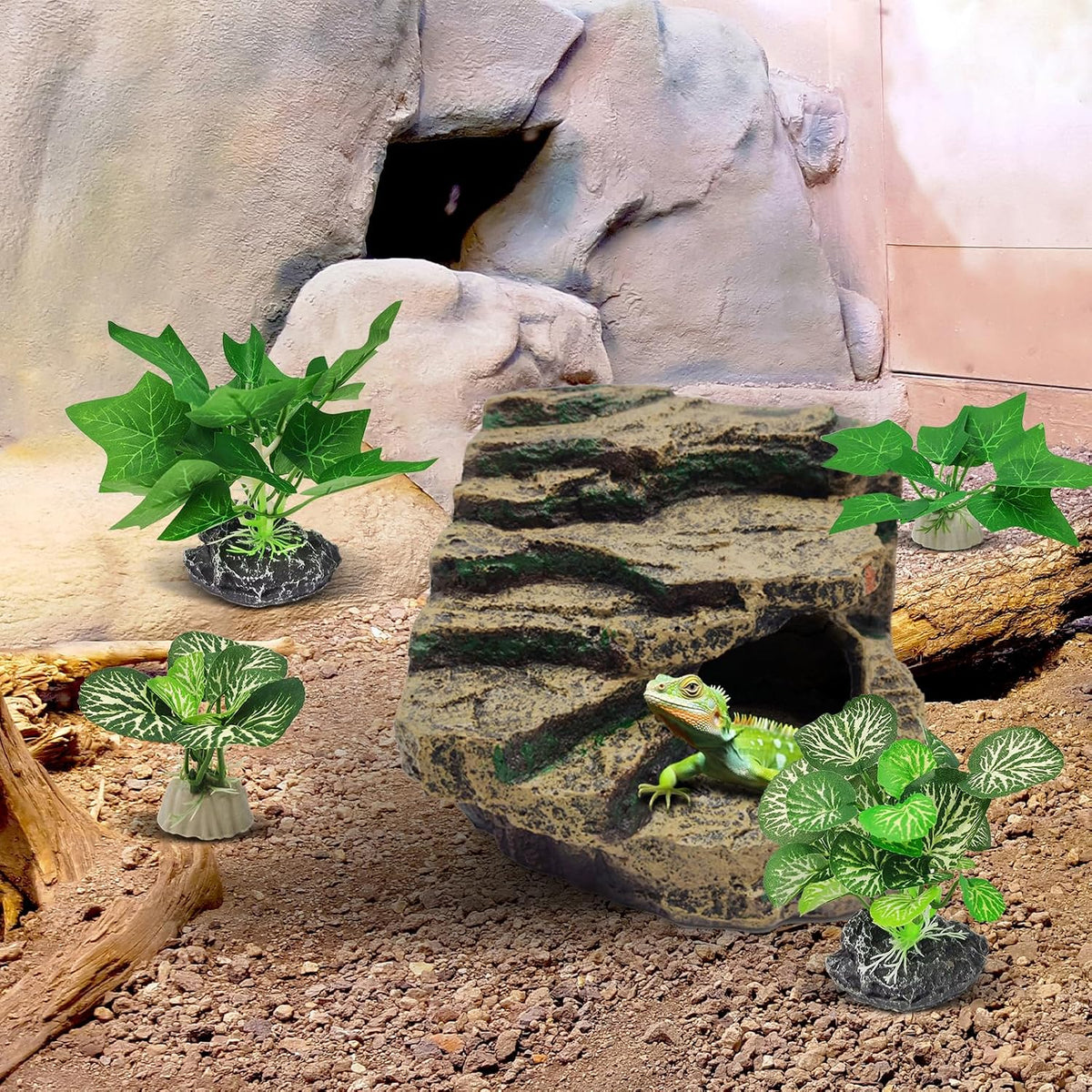 Silk Fish Tank Plants,Reptile Artificial Plant,Reptile Plants for Terrarium,Aquarium Decorations Accessories Set,Resin Pedestal Silk Aquarium Plant for Fish Tank.(A-Set)