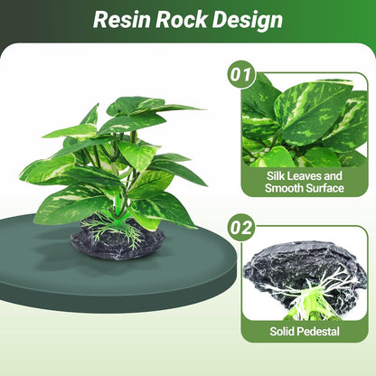 Silk Fish Tank Plants,Reptile Artificial Plant,Reptile Plants for Terrarium,Aquarium Decorations Accessories Set,Resin Pedestal Silk Aquarium Plant for Fish Tank.(A-Set)