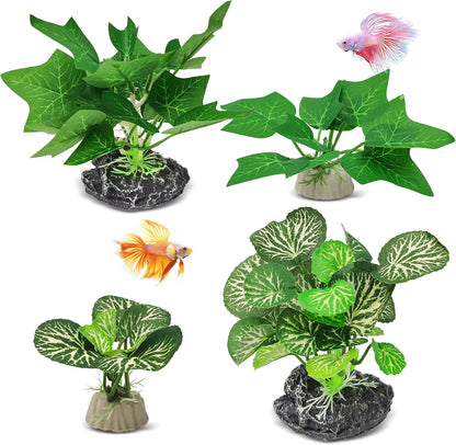 Silk Fish Tank Plants,Reptile Artificial Plant,Reptile Plants for Terrarium,Aquarium Decorations Accessories Set,Resin Pedestal Silk Aquarium Plant for Fish Tank.(A-Set)