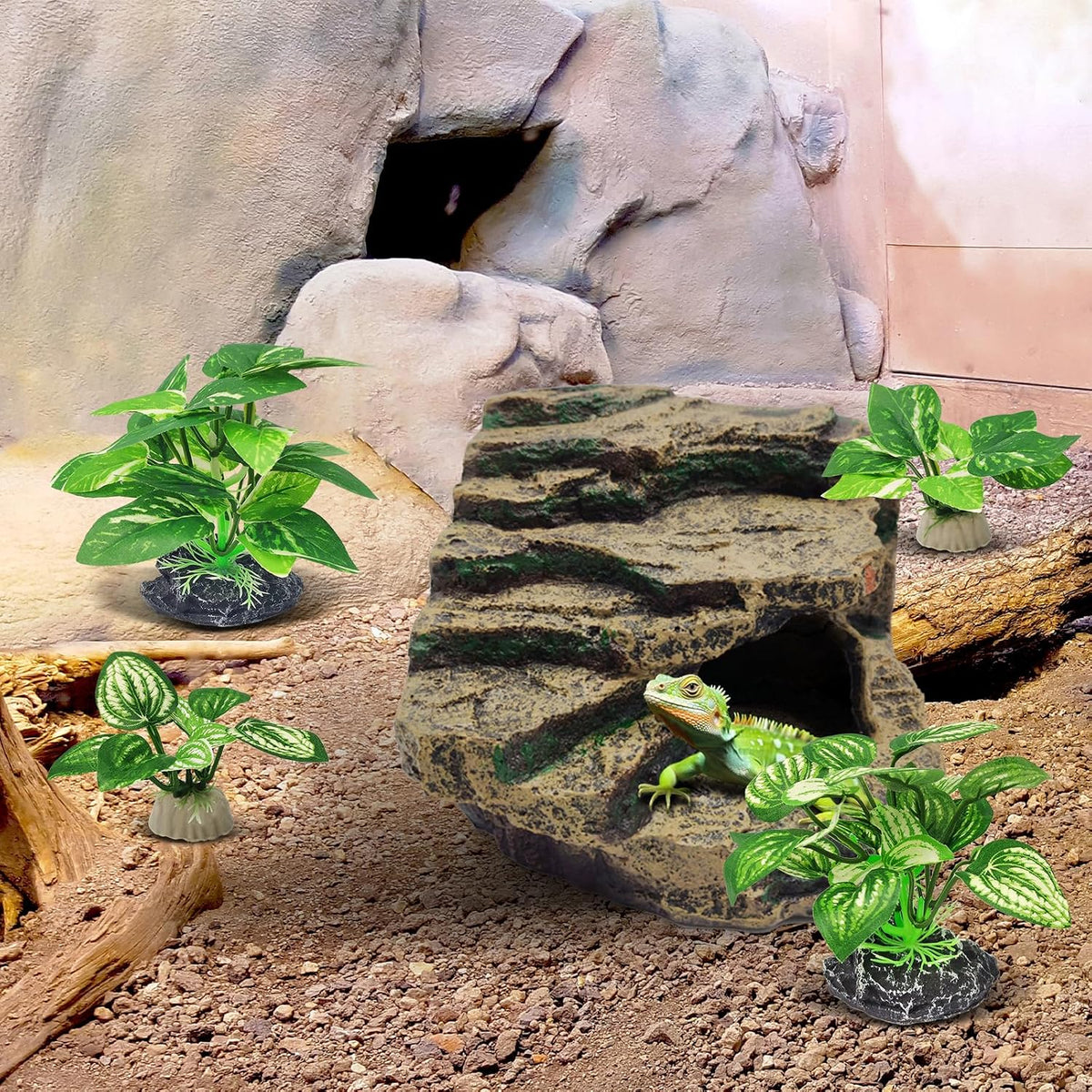 Silk Fish Tank Plants,Reptile Artificial Plant,Reptile Plants for Terrarium,Aquarium Decorations Accessories Set,Resin Pedestal Silk Aquarium Plant for Fish Tank.(A-Set)