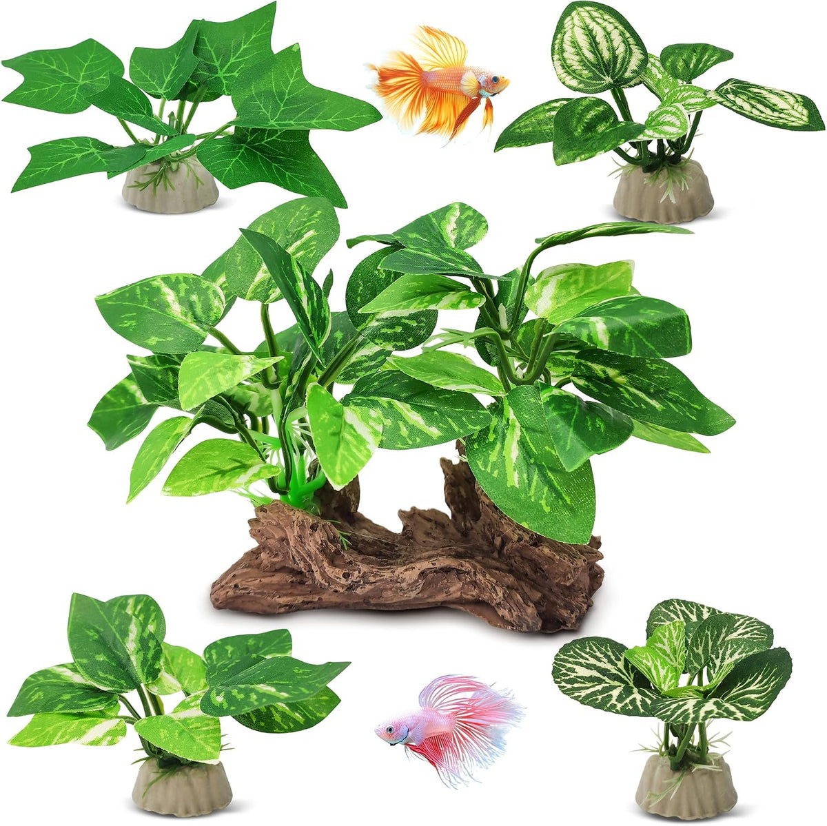 Silk Fish Tank Plants,Reptile Artificial Plant,Reptile Plants for Terrarium,Aquarium Decorations Accessories Set,Resin Pedestal Silk Aquarium Plant for Fish Tank.(A-Set)