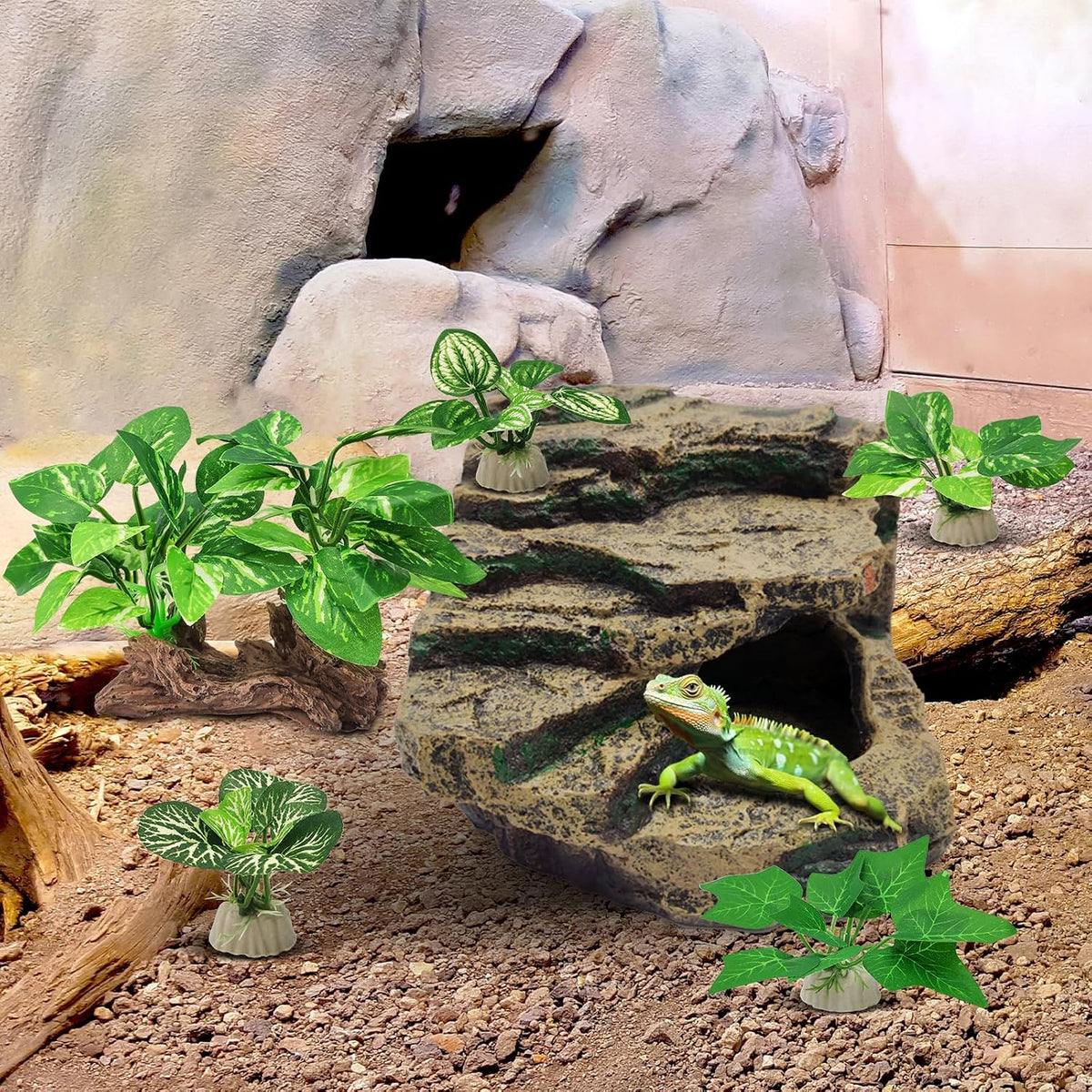 Silk Fish Tank Plants,Reptile Artificial Plant,Reptile Plants for Terrarium,Aquarium Decorations Accessories Set,Resin Pedestal Silk Aquarium Plant for Fish Tank.(A-Set)