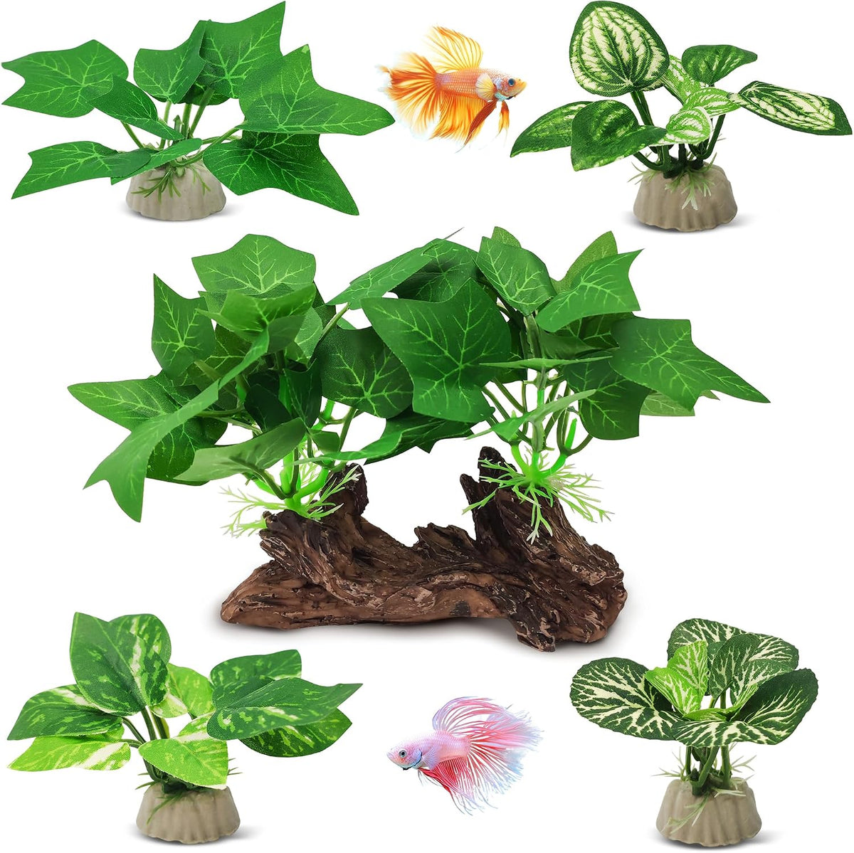 Silk Fish Tank Plants,Reptile Artificial Plant,Reptile Plants for Terrarium,Aquarium Decorations Accessories Set,Resin Pedestal Silk Aquarium Plant for Fish Tank.(A-Set)