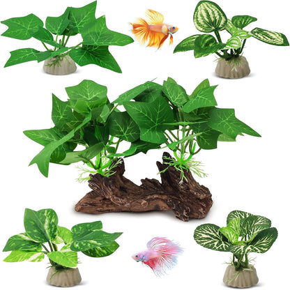 Silk Fish Tank Plants,Reptile Artificial Plant,Reptile Plants for Terrarium,Aquarium Decorations Accessories Set,Resin Pedestal Silk Aquarium Plant for Fish Tank.(A-Set)