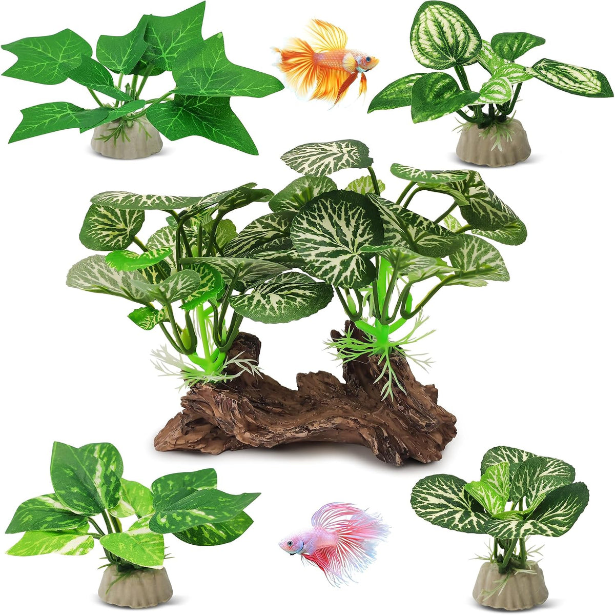Silk Fish Tank Plants,Reptile Artificial Plant,Reptile Plants for Terrarium,Aquarium Decorations Accessories Set,Resin Pedestal Silk Aquarium Plant for Fish Tank.(A-Set)