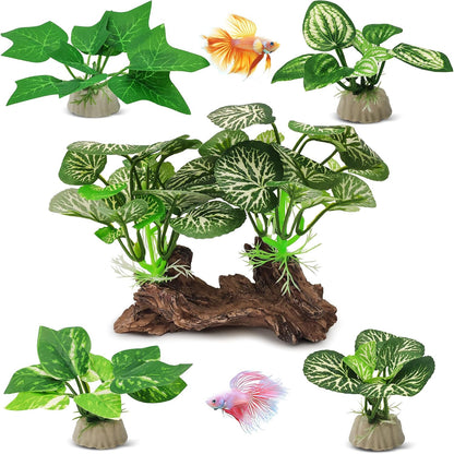 Silk Fish Tank Plants,Reptile Artificial Plant,Reptile Plants for Terrarium,Aquarium Decorations Accessories Set,Resin Pedestal Silk Aquarium Plant for Fish Tank.(A-Set)