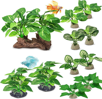 Silk Fish Tank Plants,Reptile Artificial Plant,Reptile Plants for Terrarium,Aquarium Decorations Accessories Set,Resin Pedestal Silk Aquarium Plant for Fish Tank.(A-Set)