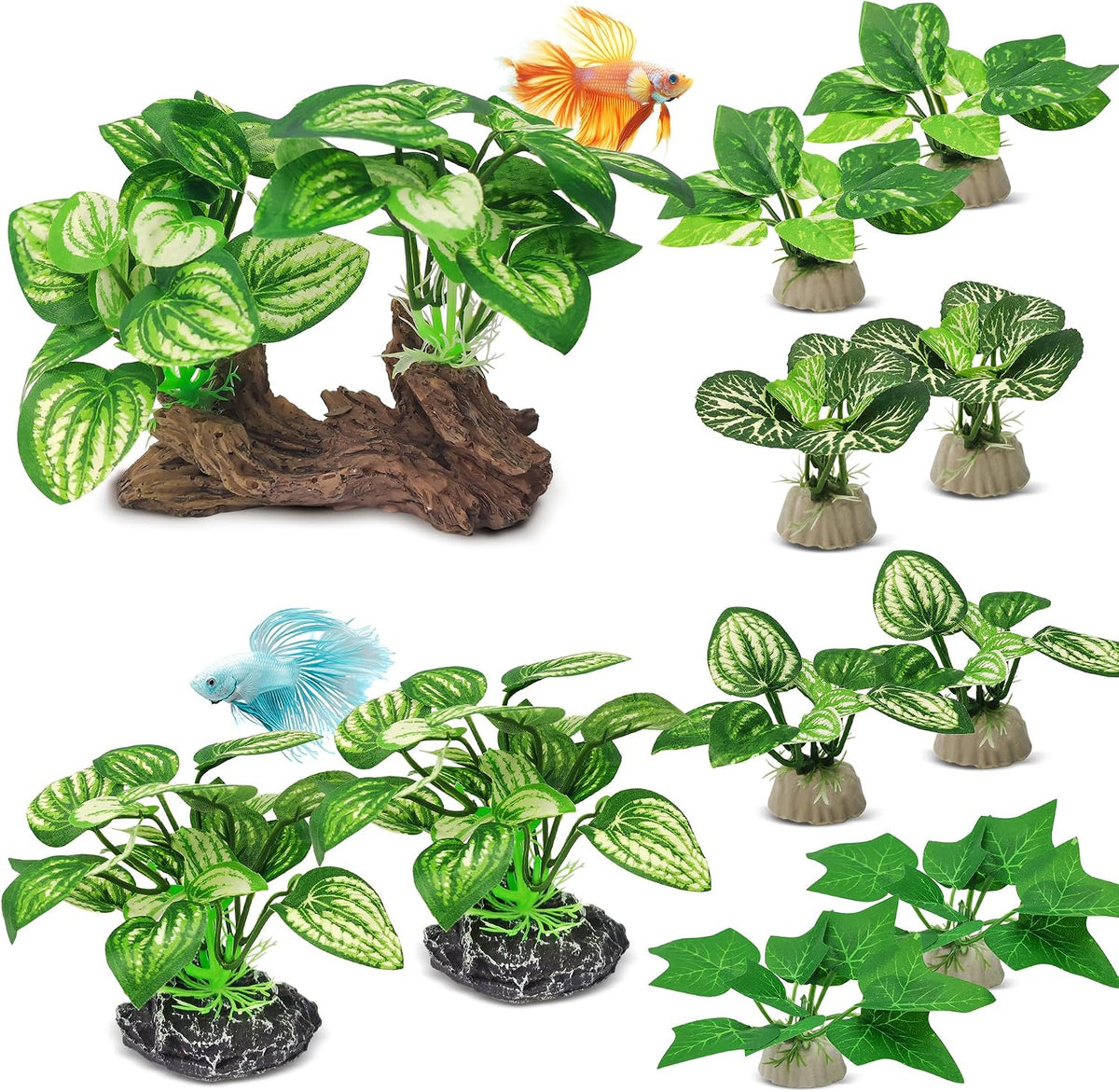 Silk Fish Tank Plants,Reptile Artificial Plant,Reptile Plants for Terrarium,Aquarium Decorations Accessories Set,Resin Pedestal Silk Aquarium Plant for Fish Tank.(A-Set)