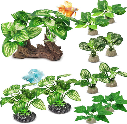 Silk Fish Tank Plants,Reptile Artificial Plant,Reptile Plants for Terrarium,Aquarium Decorations Accessories Set,Resin Pedestal Silk Aquarium Plant for Fish Tank.(A-Set)