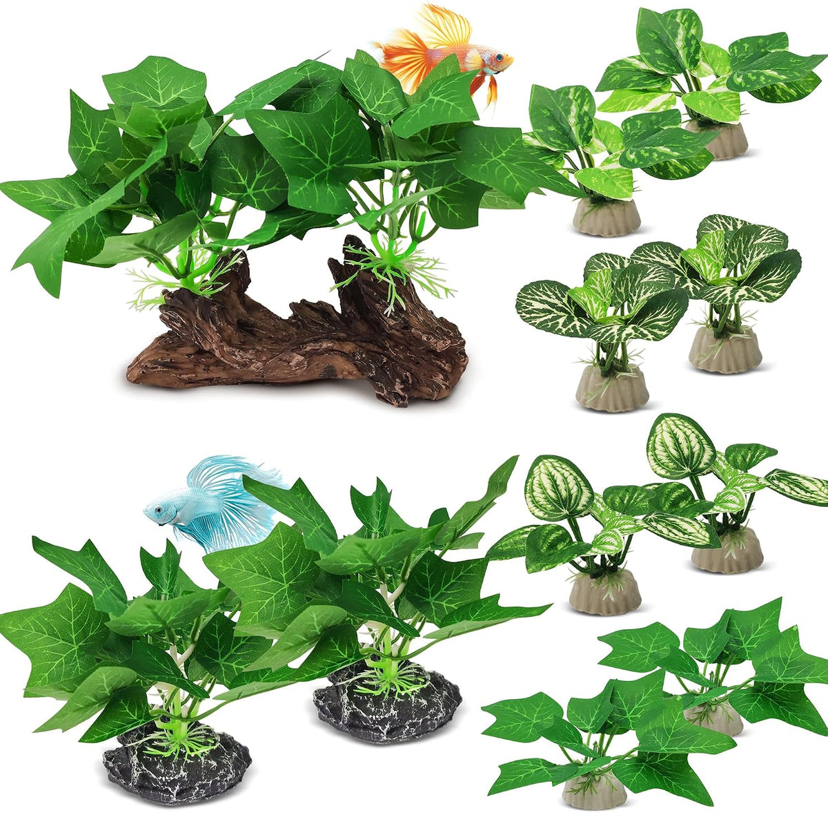 Silk Fish Tank Plants,Reptile Artificial Plant,Reptile Plants for Terrarium,Aquarium Decorations Accessories Set,Resin Pedestal Silk Aquarium Plant for Fish Tank.(A-Set)