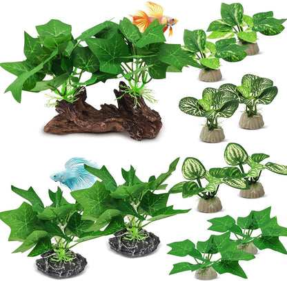 Silk Fish Tank Plants,Reptile Artificial Plant,Reptile Plants for Terrarium,Aquarium Decorations Accessories Set,Resin Pedestal Silk Aquarium Plant for Fish Tank.(A-Set)