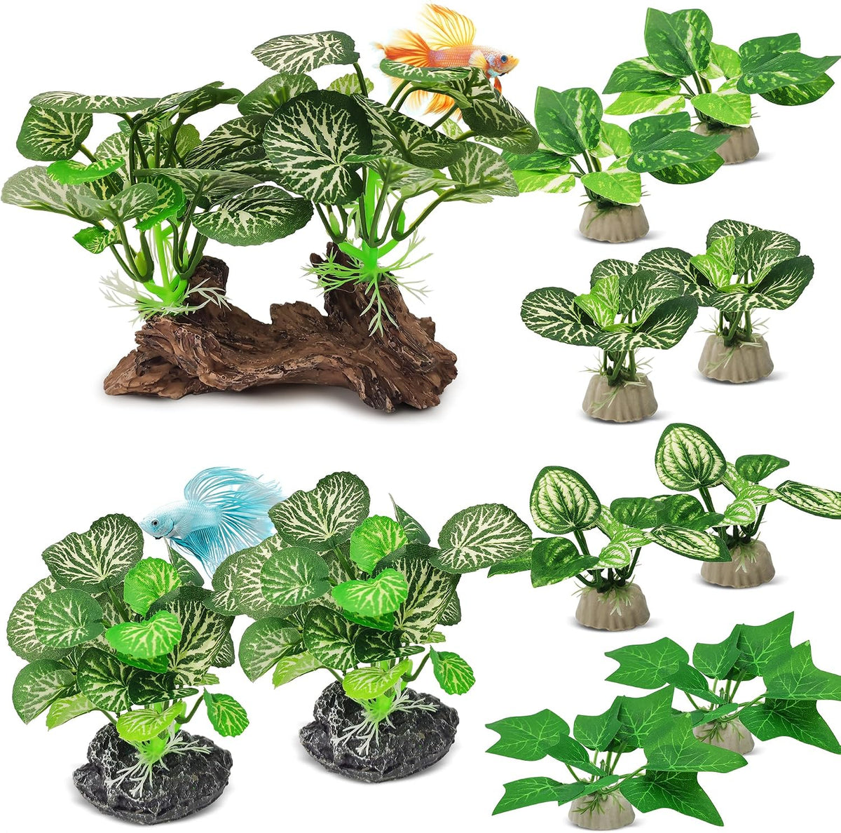 Silk Fish Tank Plants,Reptile Artificial Plant,Reptile Plants for Terrarium,Aquarium Decorations Accessories Set,Resin Pedestal Silk Aquarium Plant for Fish Tank.(A-Set)