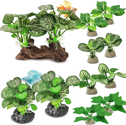 Silk Fish Tank Plants,Reptile Artificial Plant,Reptile Plants for Terrarium,Aquarium Decorations Accessories Set,Resin Pedestal Silk Aquarium Plant for Fish Tank.(A-Set)