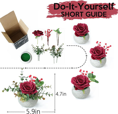 DIY Small Artificial Flowers Potted Kit Fake Flower Realistic Silk Rose and Greenery with Vase for Gifts Table Centerpiece Mantle Office Desk Shelves Living Room Decorations (Burgundy)