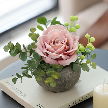 DIY Small Artificial Flowers Potted Kit Fake Flower Realistic Silk Rose and Greenery with Vase for Gifts Table Centerpiece Mantle Office Desk Shelves Living Room Decorations (Burgundy)