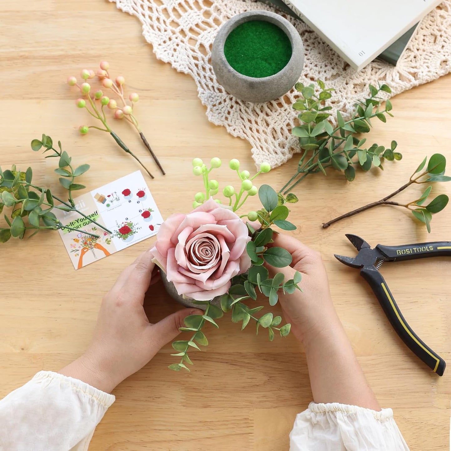 DIY Small Artificial Flowers Potted Kit Fake Flower Realistic Silk Rose and Greenery with Vase for Gifts Table Centerpiece Mantle Office Desk Shelves Living Room Decorations (Burgundy)