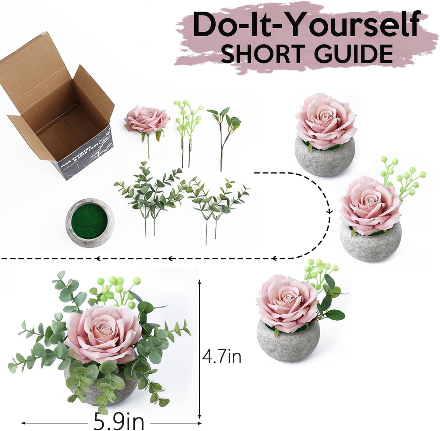 DIY Small Artificial Flowers Potted Kit Fake Flower Realistic Silk Rose and Greenery with Vase for Gifts Table Centerpiece Mantle Office Desk Shelves Living Room Decorations (Burgundy)