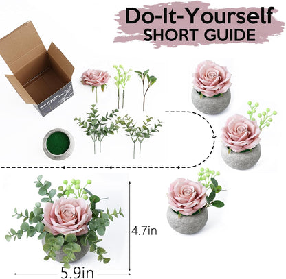 DIY Small Artificial Flowers Potted Kit Fake Flower Realistic Silk Rose and Greenery with Vase for Gifts Table Centerpiece Mantle Office Desk Shelves Living Room Decorations (Burgundy)