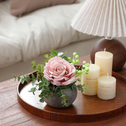 DIY Small Artificial Flowers Potted Kit Fake Flower Realistic Silk Rose and Greenery with Vase for Gifts Table Centerpiece Mantle Office Desk Shelves Living Room Decorations (Burgundy)