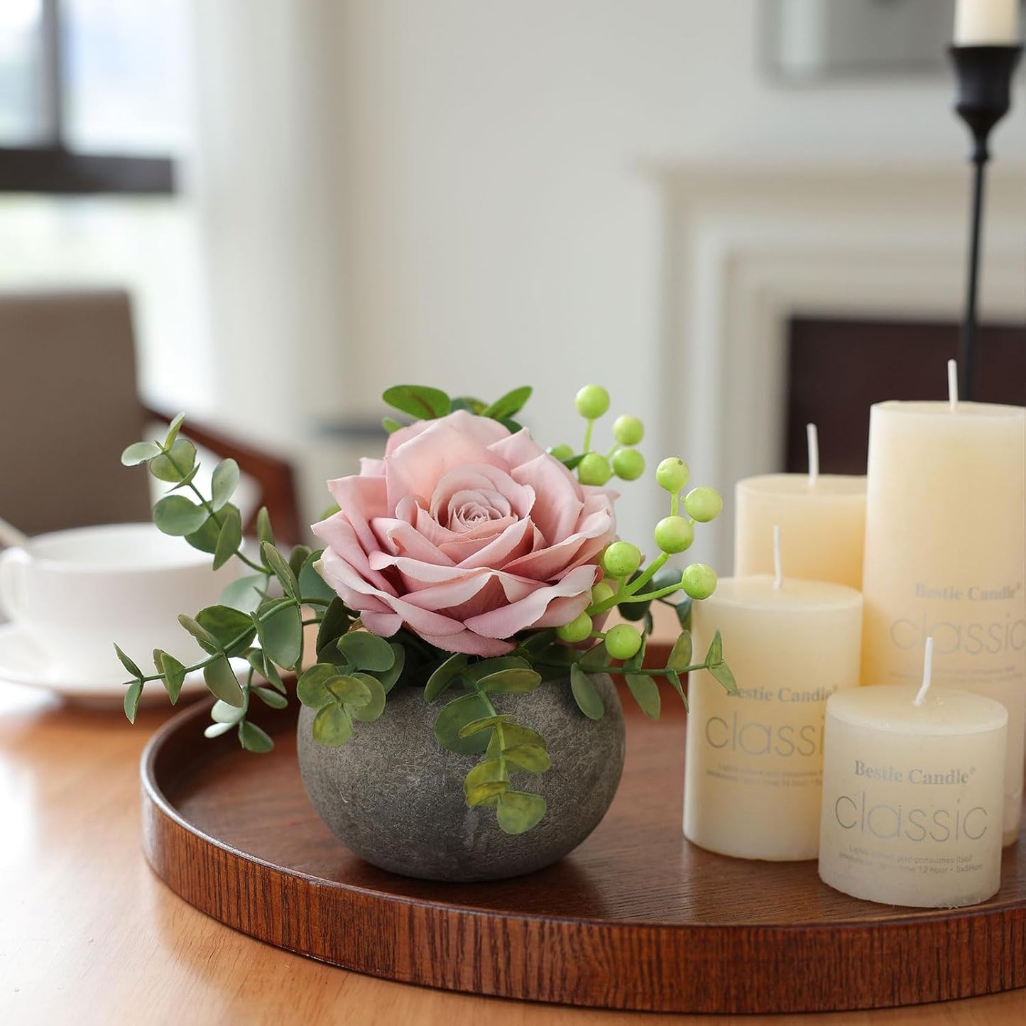 DIY Small Artificial Flowers Potted Kit Fake Flower Realistic Silk Rose and Greenery with Vase for Gifts Table Centerpiece Mantle Office Desk Shelves Living Room Decorations (Burgundy)