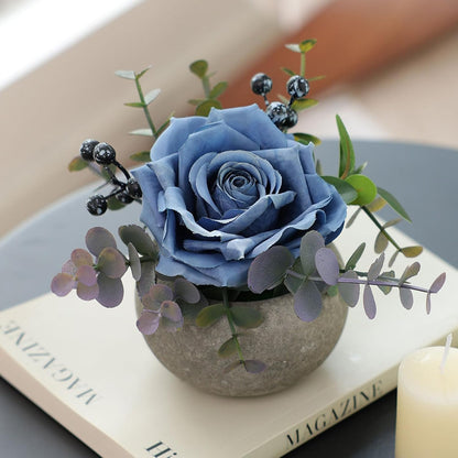 DIY Small Artificial Flowers Potted Kit Fake Flower Realistic Silk Rose and Greenery with Vase for Gifts Table Centerpiece Mantle Office Desk Shelves Living Room Decorations (Burgundy)