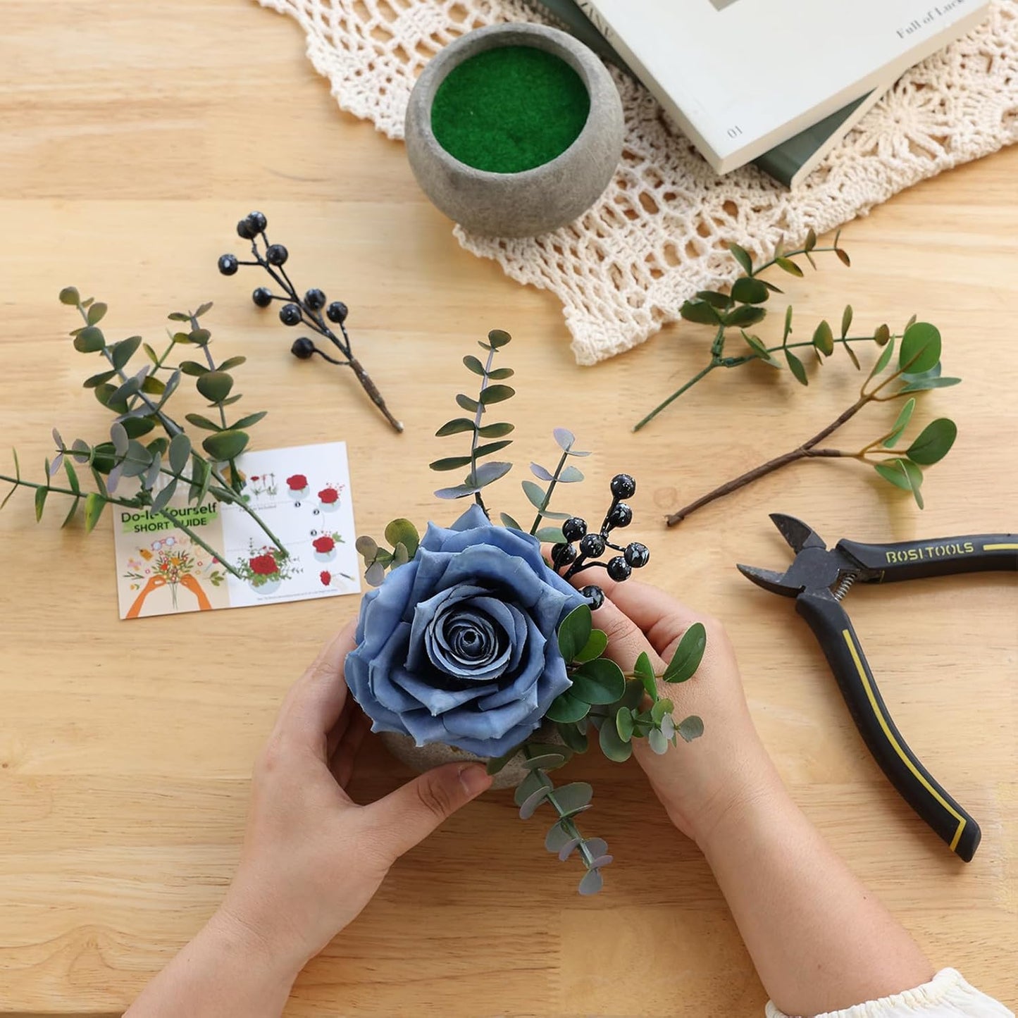 DIY Small Artificial Flowers Potted Kit Fake Flower Realistic Silk Rose and Greenery with Vase for Gifts Table Centerpiece Mantle Office Desk Shelves Living Room Decorations (Burgundy)