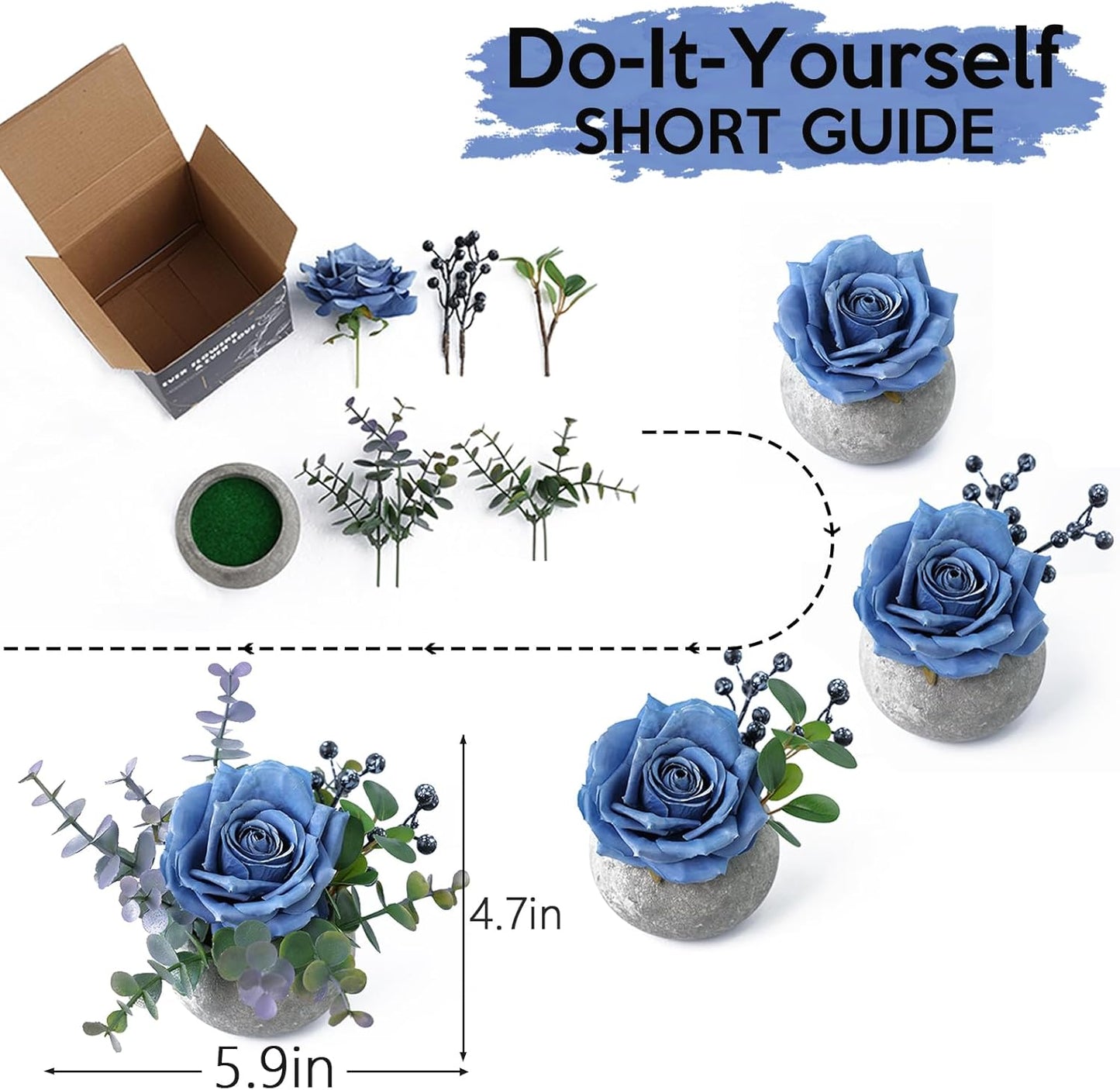 DIY Small Artificial Flowers Potted Kit Fake Flower Realistic Silk Rose and Greenery with Vase for Gifts Table Centerpiece Mantle Office Desk Shelves Living Room Decorations (Burgundy)