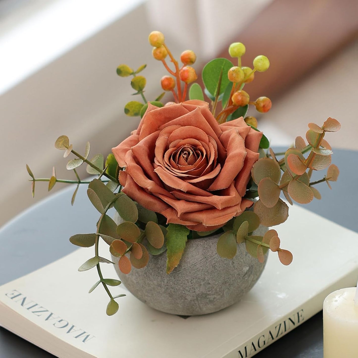 DIY Small Artificial Flowers Potted Kit Fake Flower Realistic Silk Rose and Greenery with Vase for Gifts Table Centerpiece Mantle Office Desk Shelves Living Room Decorations (Burgundy)
