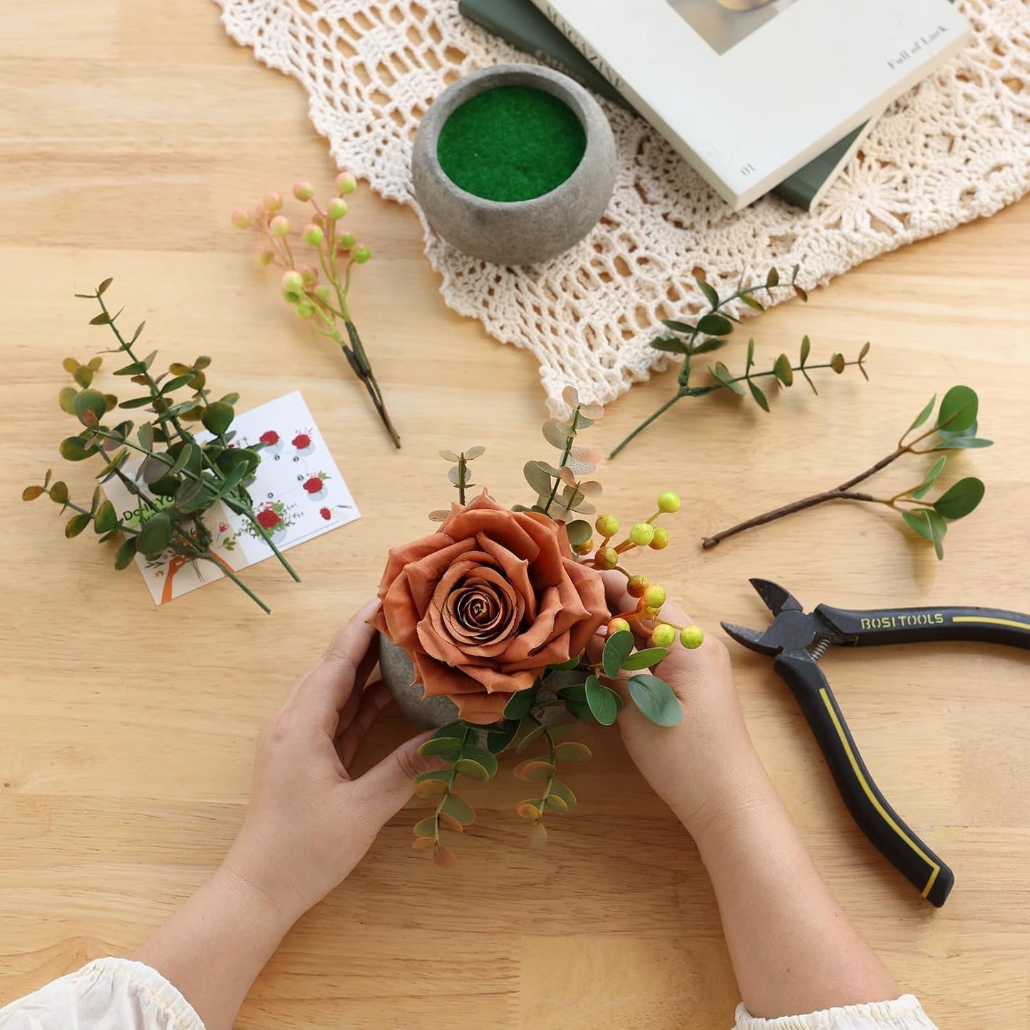DIY Small Artificial Flowers Potted Kit Fake Flower Realistic Silk Rose and Greenery with Vase for Gifts Table Centerpiece Mantle Office Desk Shelves Living Room Decorations (Burgundy)
