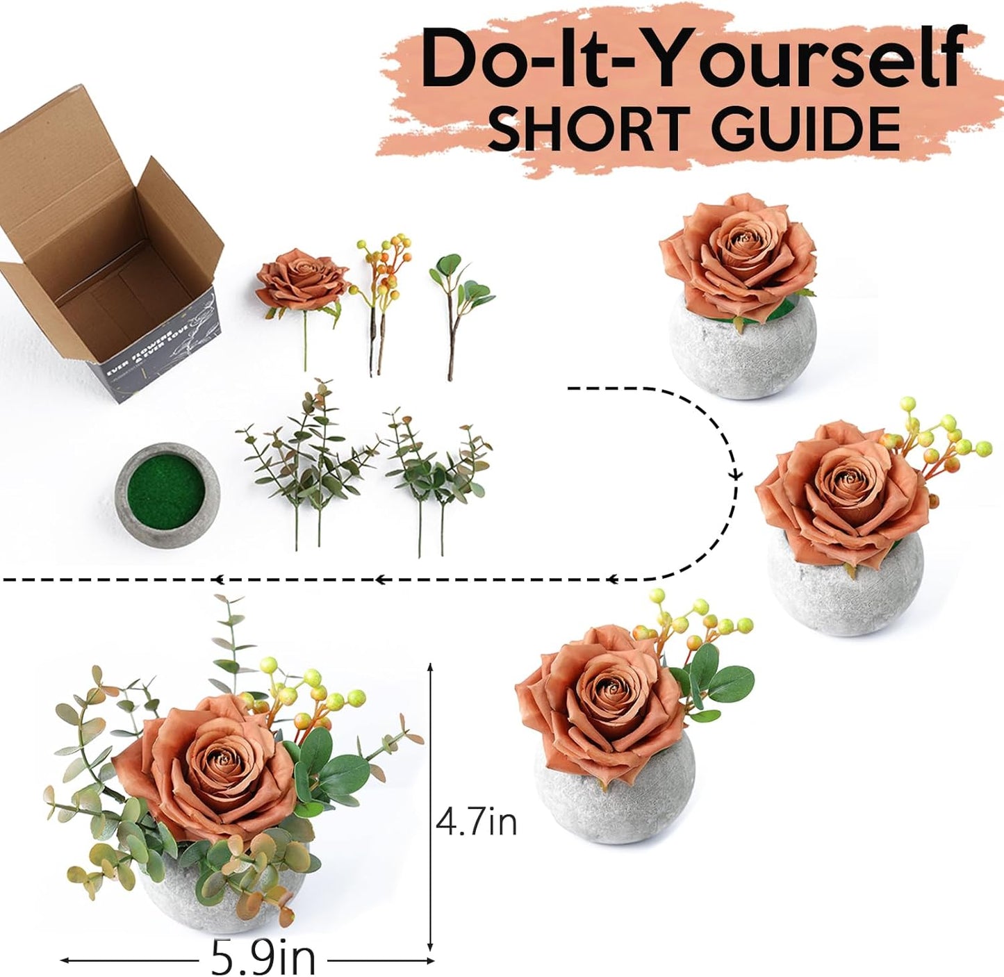 DIY Small Artificial Flowers Potted Kit Fake Flower Realistic Silk Rose and Greenery with Vase for Gifts Table Centerpiece Mantle Office Desk Shelves Living Room Decorations (Burgundy)